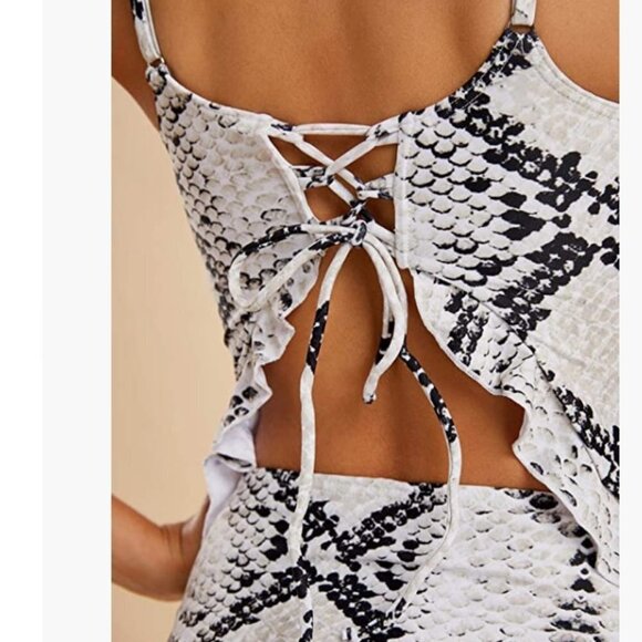 High Waisted Flounce Sexy Tie Front Lace up Retro Bikini, Snakeskin / Small - Picture 8 of 9